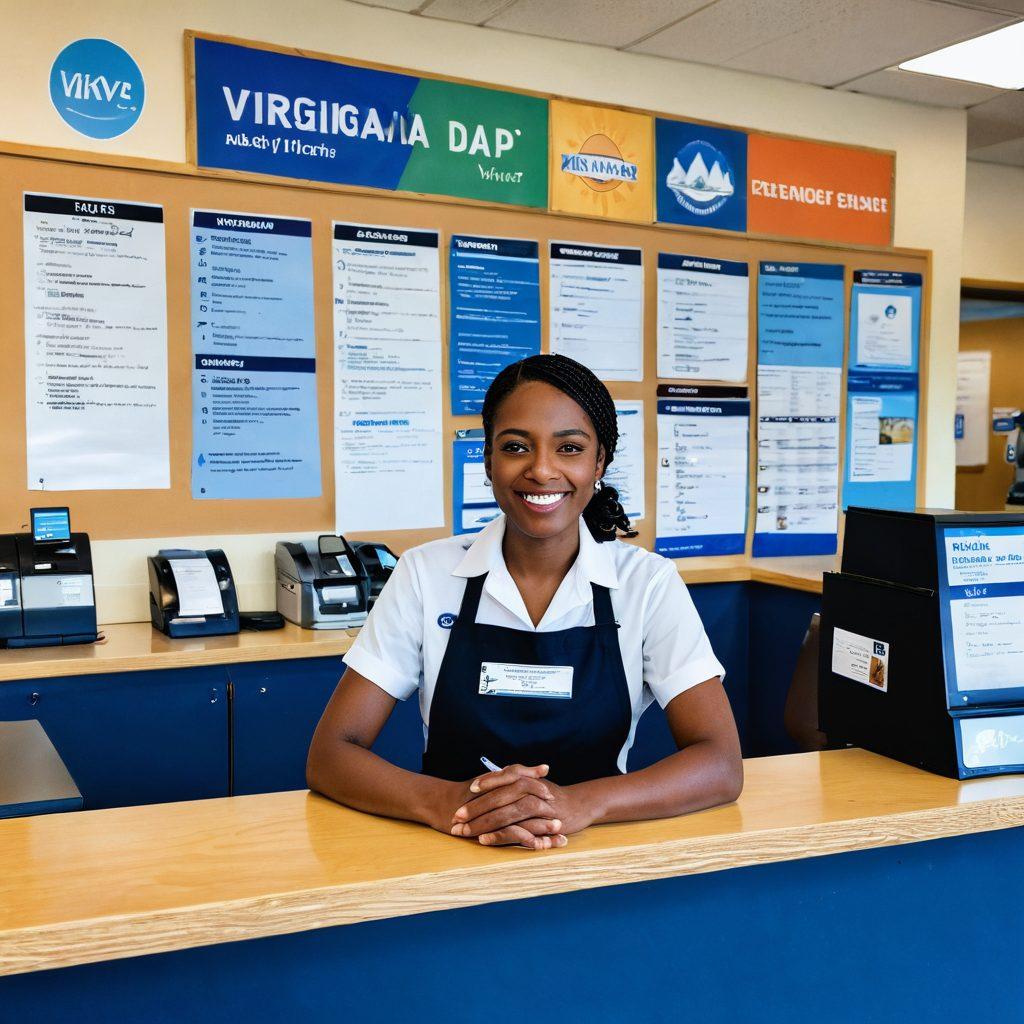 A serene DMV scene in Virginia, featuring a friendly staff member helping a diverse group of customers with smiles and ease, surrounded by signage for services. The background includes iconic Virginia landmarks like the Blue Ridge Mountains and a bright sun in the sky, evoking a sense of calm and efficiency. Illustrate essential documents and forms neatly arranged on the counter. vibrancy, bright colors, super-realistic.