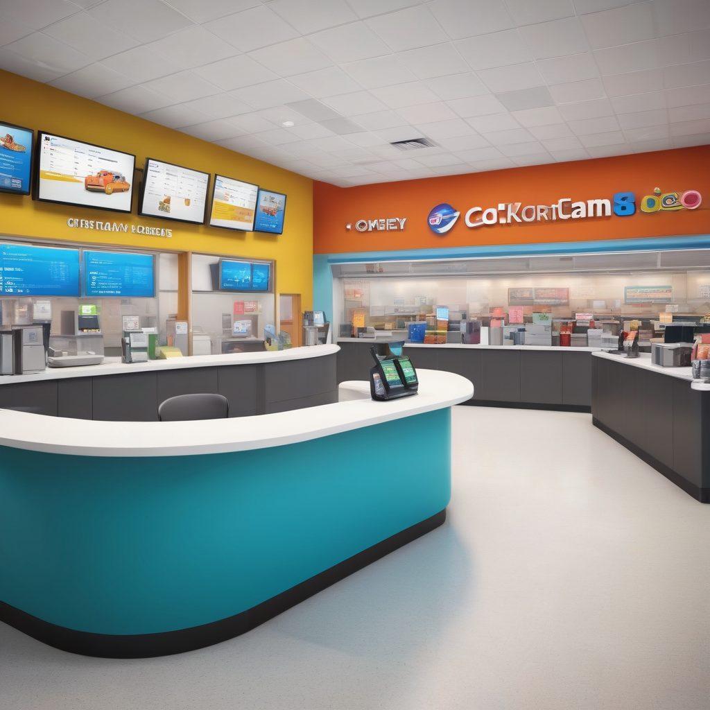 A bustling DMV interior showcasing diverse people happily interacting at service counters, with cheerful staff assisting them. The scene includes visible digital number displays and efficient lines, highlighting a sense of organization. Bright colors emphasize a welcoming atmosphere, and cheerful decorations are seen in the background. super-realistic. vibrant colors. 3D.